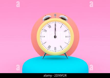 A yellow alarm clock on a pink background and on a blue stage showing 12 o`clock Stock Photo